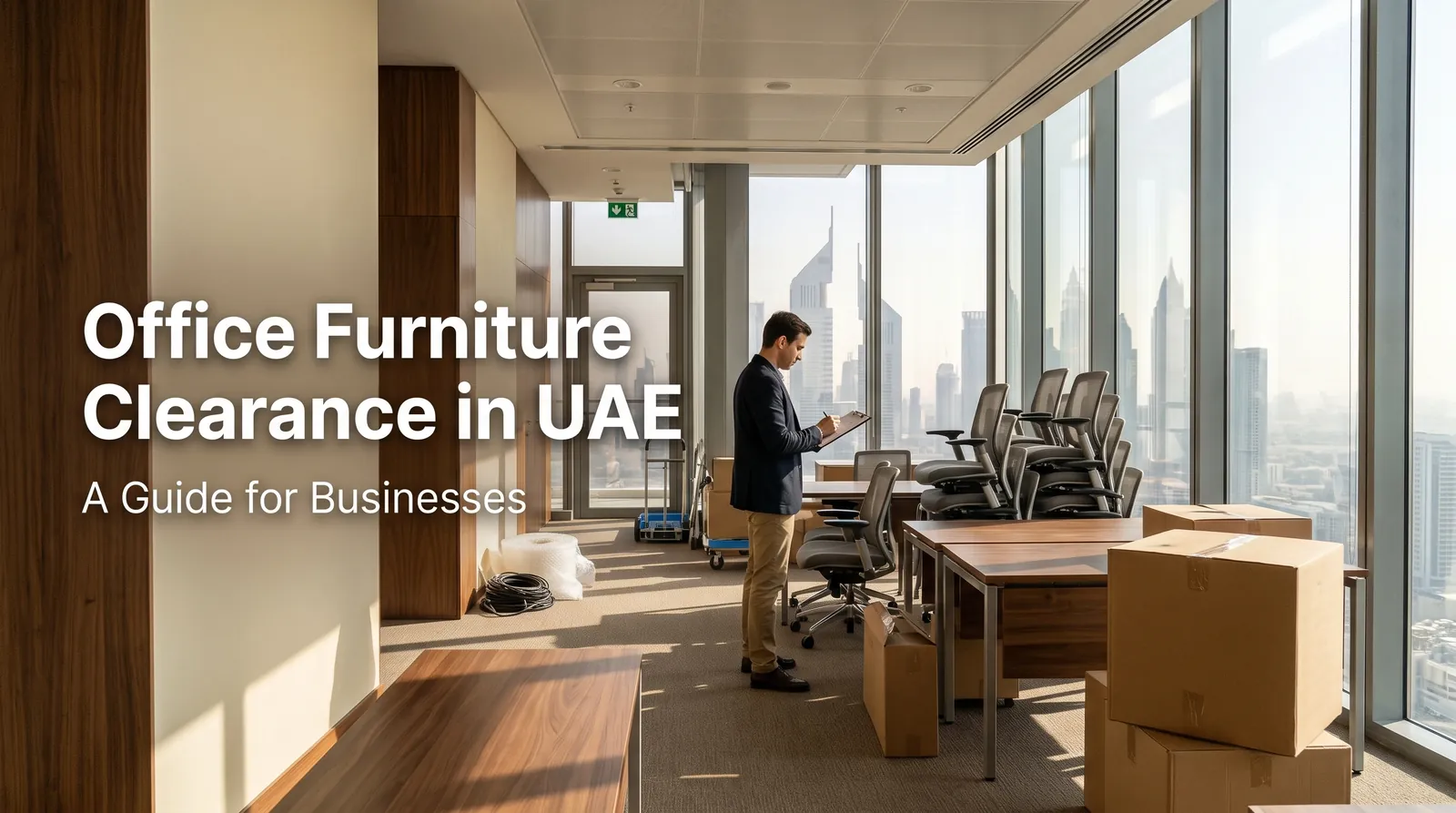 Office furniture clearance in UAE: manager with a clipboard listing stacked office chairs, desks and boxes in a Dubai office