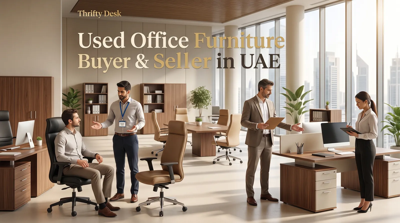 Thrifty Desk used office furniture buyer and seller in UAE: team members helping customers choose office chairs, desks and workstations in a modern office
