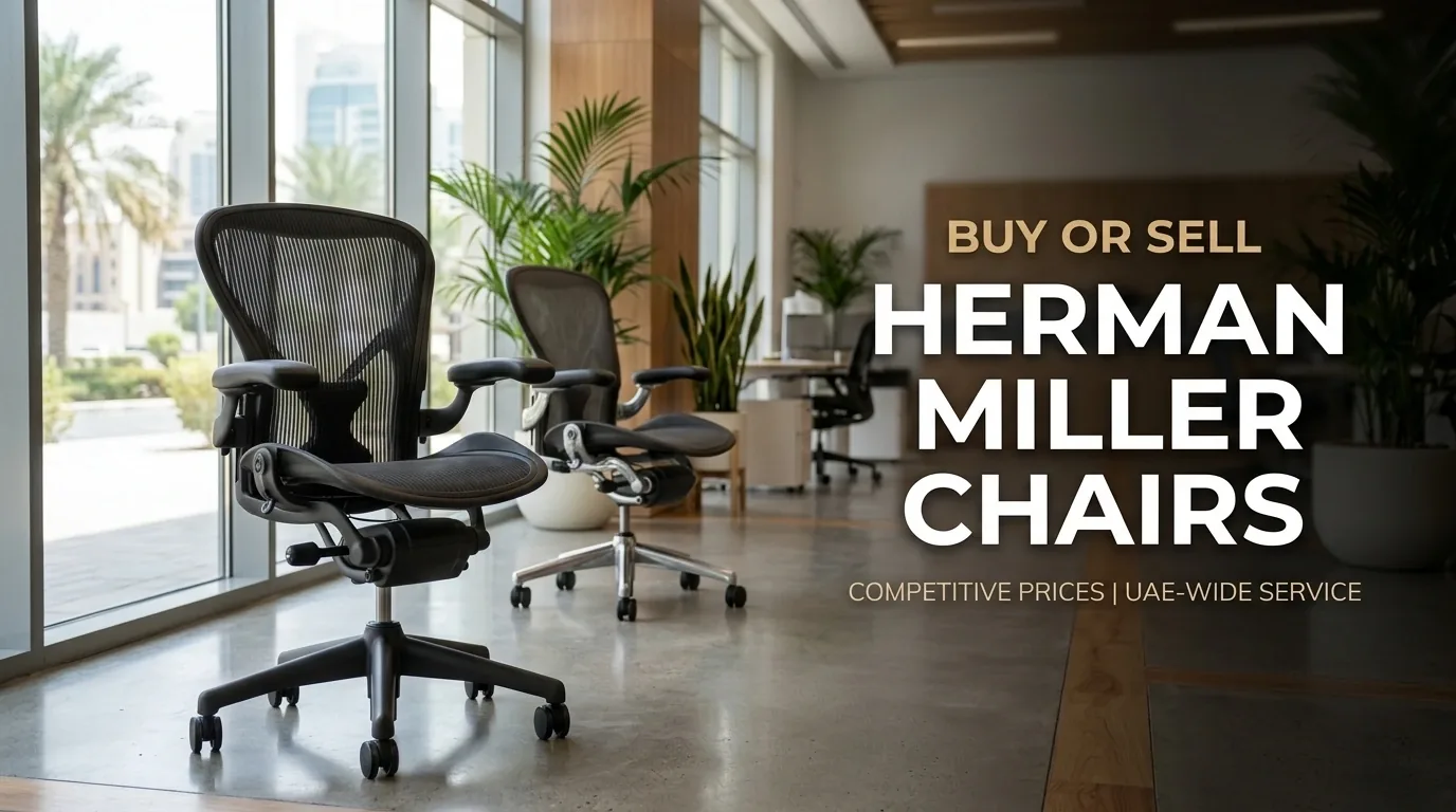 Used Herman Miller Aeron chairs in a bright UAE office: buy or sell Herman Miller chairs with competitive prices and UAE-wide service