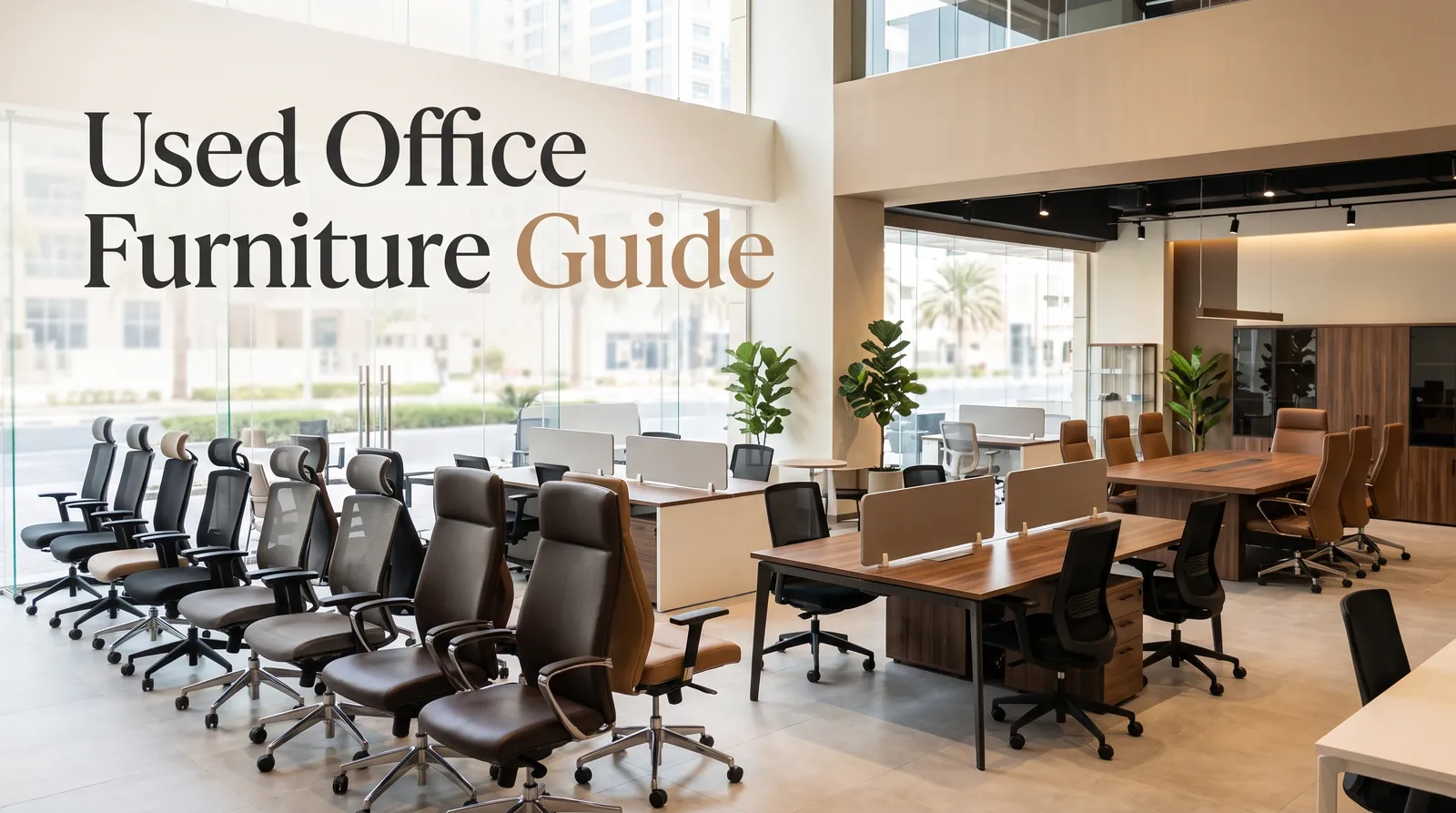 Used office furniture guide: office chairs, workstations and meeting tables in a bright UAE showroom